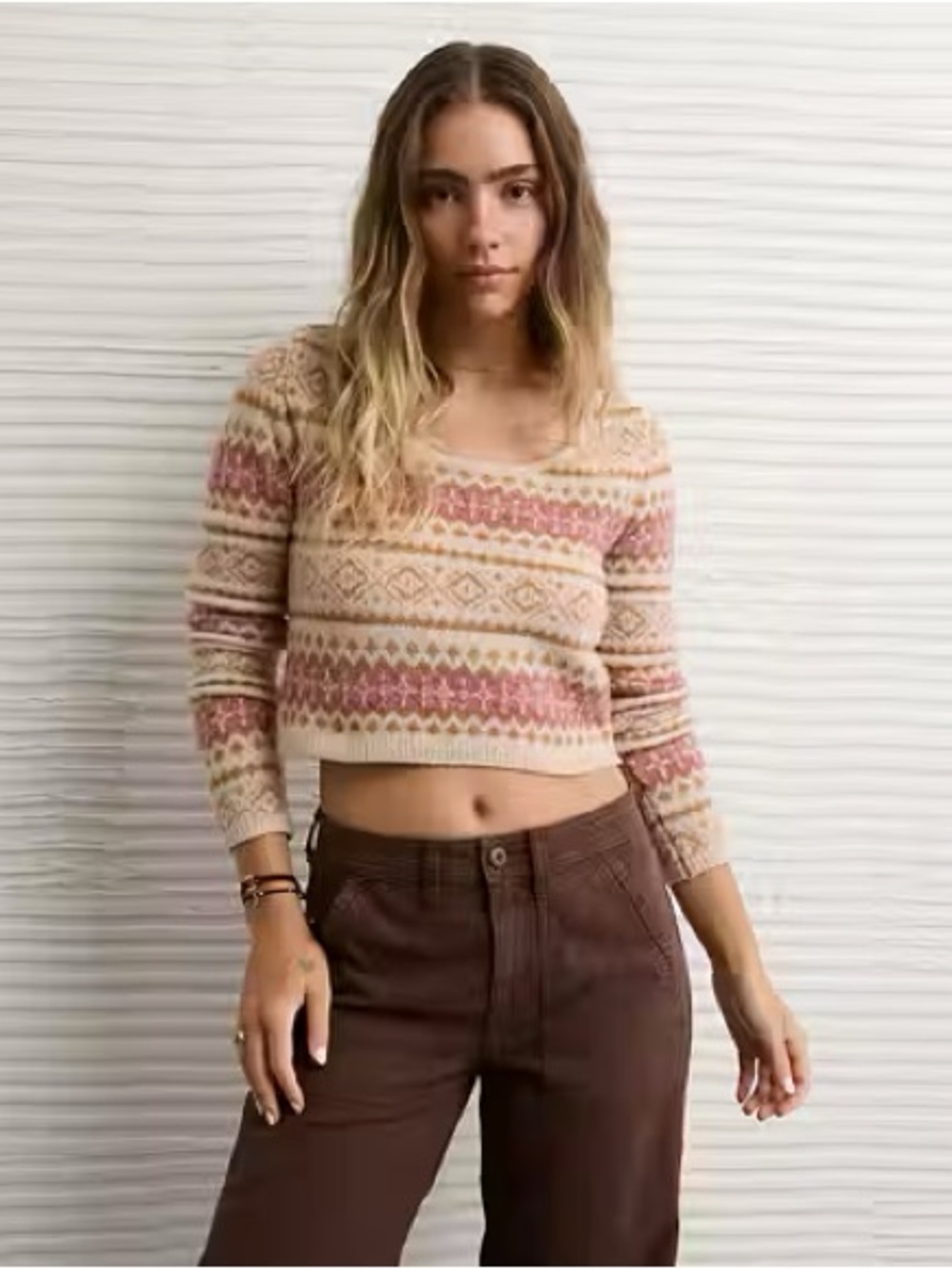 American Eagles Cropped Fair Isle Sweater – Cream with Pink Pattern - Picture 2 of 7